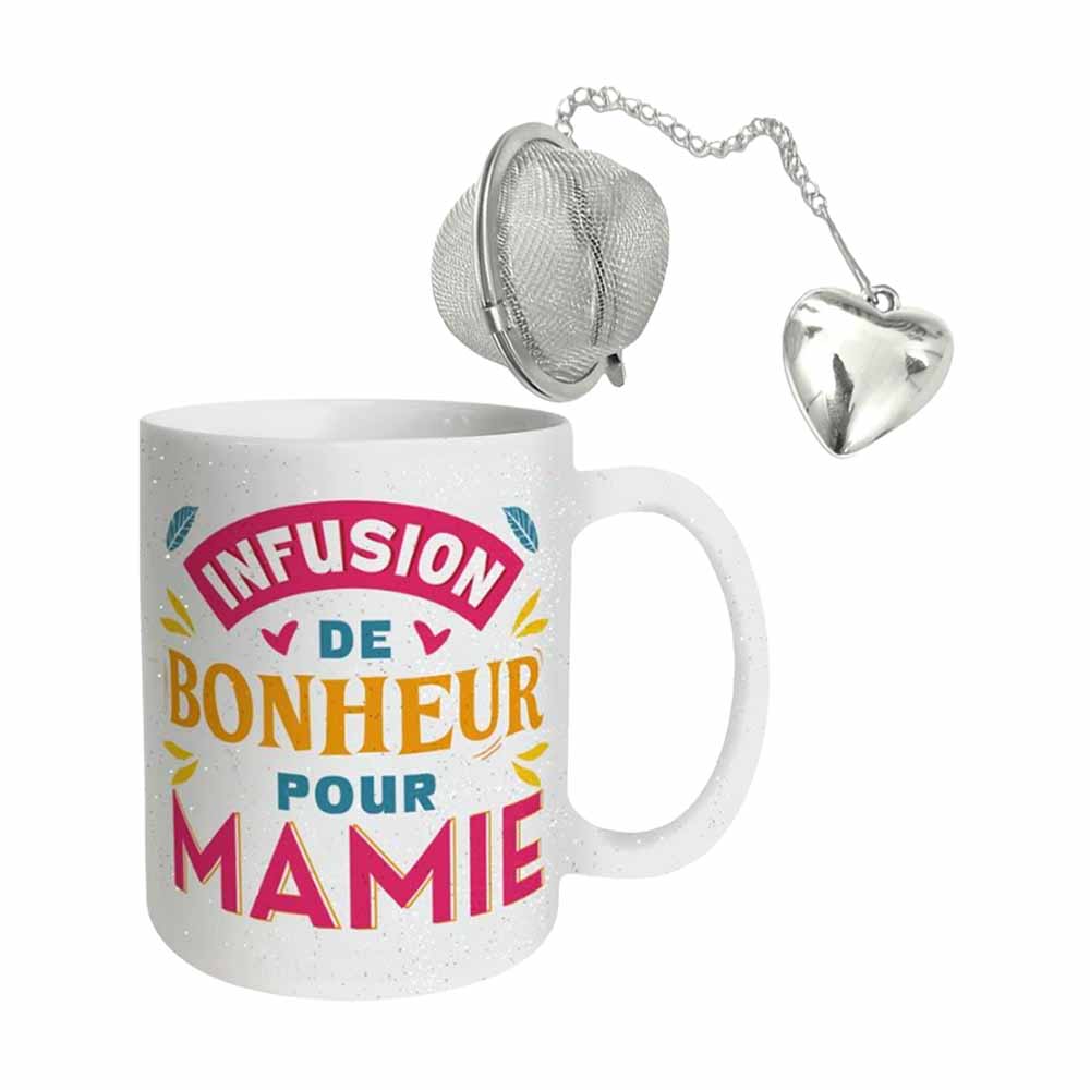 COFFRET MUG BOULE A THE "MAMIE" A PAILLETTES